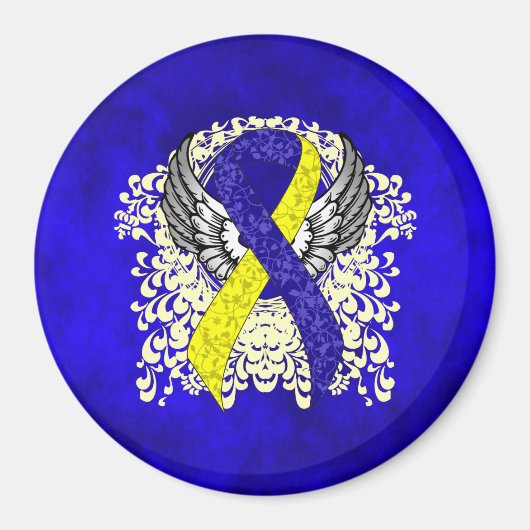 Blauw en Geel Awareness Ribbon met Wings Magneet (Voorkant)