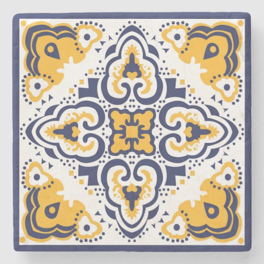 💛 🤍 Blauw en geel Azulejos, Stone Stenen Onderzetter (Voorkant)