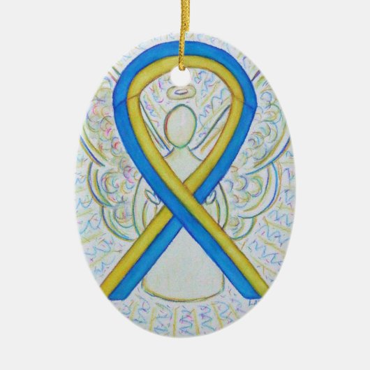 Blauw en geel bewustzijn Ribbon Angel Ornament (Voorkant)