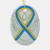 Blauw en geel bewustzijn Ribbon Angel Ornament (Achterkant)