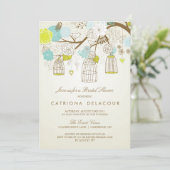 BLAUW EN GEEL BIRDCAGES BRIDAL SHOWER INVITATIE KAART (Staand voorkant)