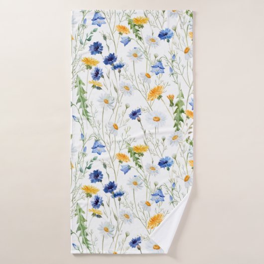 Blauw en geel bloem badhanddoek (Badhanddoek)