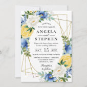 Blauw en Geel Bloemen Goud Lijst Bruiloft Kaart (Voorkant)