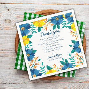 Blauw en Geel Bloemen Huwelijk Dank u Boodschap Servet