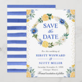 Blauw en Geel Bloemen Krans Bruiloft Save The Date (Voorkant / Achterkant)