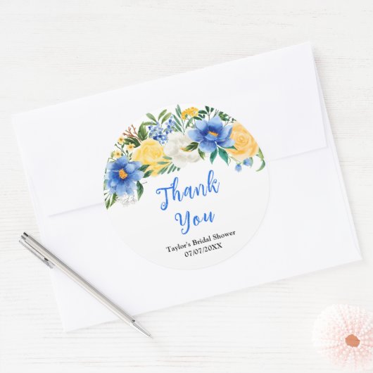 Blauw en Geel Bloemen Vrijgezellenfeest Dank u Ronde Sticker (Envelop)