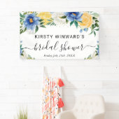 Blauw en geel Boho-bloemen bruiloftsontvangst Spandoek (Insitu)