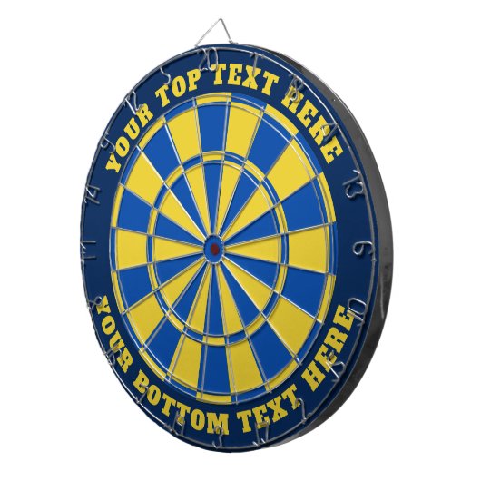 Blauw en Geel Dartbord met aangepaste tekst (Voorkant Rechts)