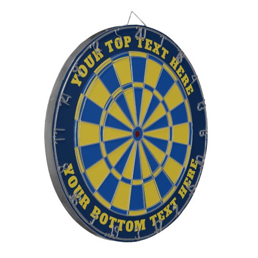 Blauw en Geel Dartbord met aangepaste tekst (Voorkant Links)