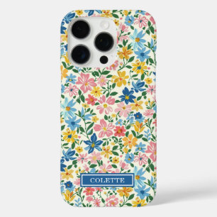 Blauw en Geel Ditsy Bloemen Monogram iPhone 16 Pro Hoesje