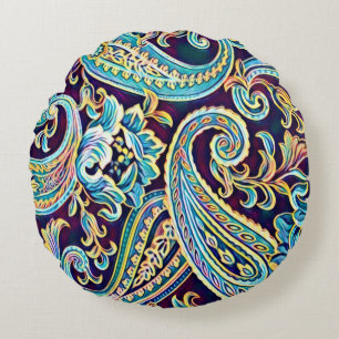 Blauw en Geel Dream Paisley Rond Kussen