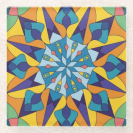 Blauw en geel fractaal geometrisch patroon glazen onderzetter