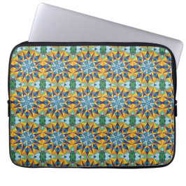 Blauw en geel fractaal geometrisch patroon laptop sleeve