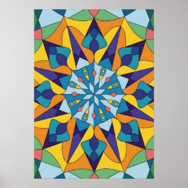 Blauw en geel fractaal geometrisch patroon poster