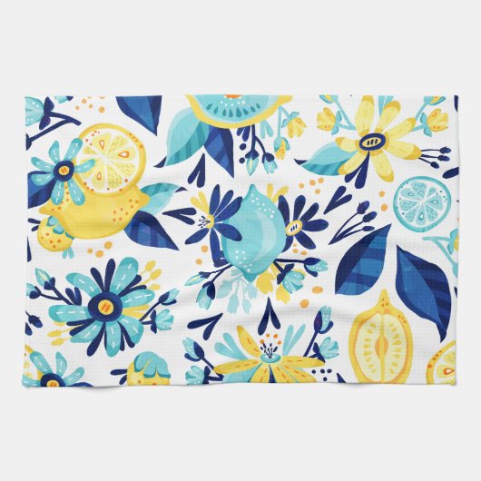 Blauw en geel fruit en bloemen theedoek (Horizontaal)