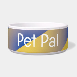 Blauw en Geel Gestreepte Pet Bowl met PET PALText Voerbakje