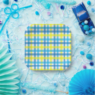 Blauw en Geel Gingham Feest Papieren Borden Bordje