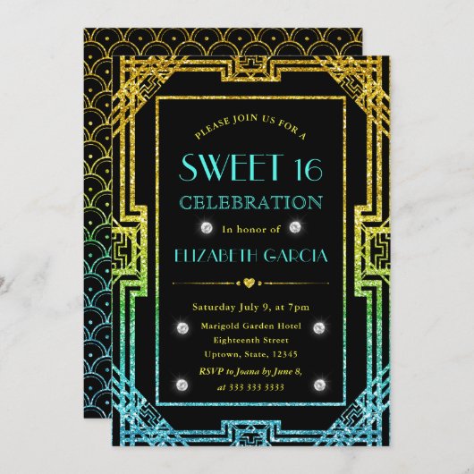 Blauw en geel Glitter Art Deco Lijst Sweet 16 Kaart (Voorkant / Achterkant)