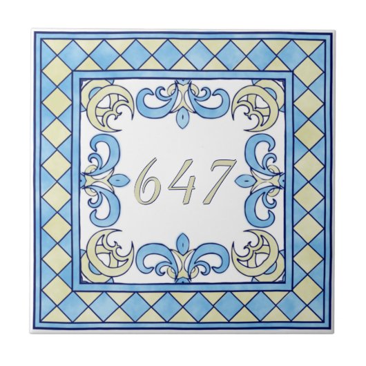Blauw en geel huisnummer tegeltje (Voorkant)