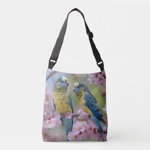 Blauw en geel in roze bloesemboom, crossbody tas