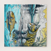 Blauw en Geel Kat en Vis Spelletjes Ai Art Legpuzzel (Horizontaal)
