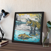  Blauw en Geel Kat en Vis Spelletjes Ai Art Poster