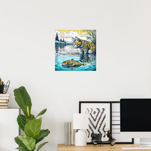  Blauw en Geel Kat en Vis Spelletjes Ai Art Poster (Thuiskantoor)