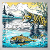  Blauw en Geel Kat en Vis Spelletjes Ai Art Poster (Voorkant)