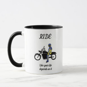 Blauw en geel leer tijdens een motorrace mok
