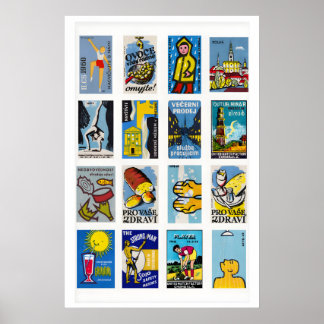 Blauw en Geel Luciferdoosje Label Collage, midden Poster