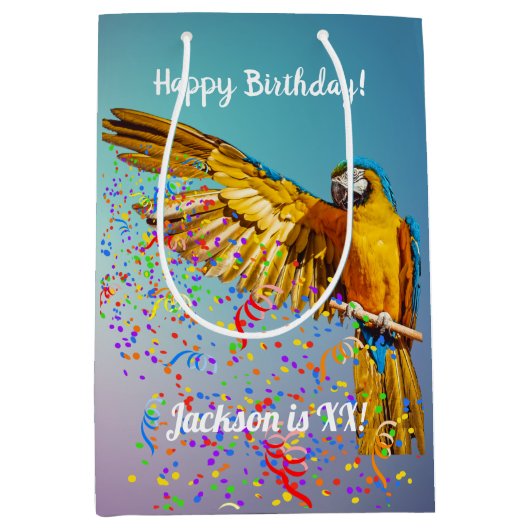 Blauw en geel Macaw Throws Confetti Medium Cadeauzakje (Voorkant)