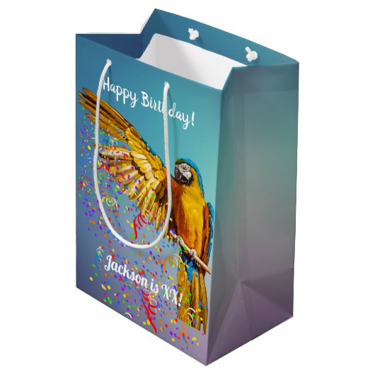 Blauw en geel Macaw Throws Confetti Medium Cadeauzakje (Achterkant Gekanteld)