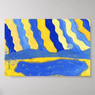 Blauw en Geel Minimalistisch Landschapsdrukwerk Poster
