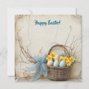  blauw en geel paaseieren en narcissen feestdagenkaart