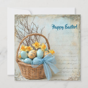  blauw en geel paaseieren en narcissen feestdagenkaart