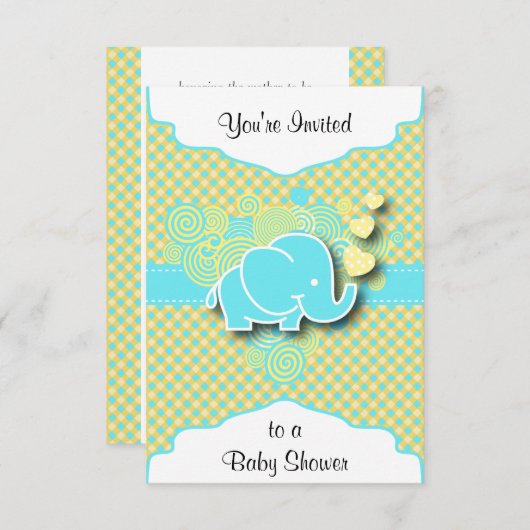 Blauw en Geel Plaid met Baby Elephant Kaart (Voorkant / Achterkant)