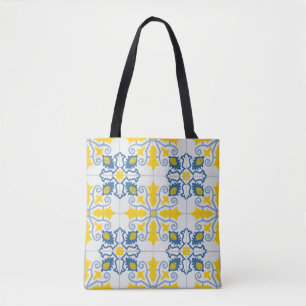 Blauw en geel Portugees tegels patroon Draagtas