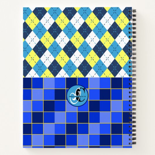 Blauw en geel Preppy Argyle en controles Notitieboek (Achterkant)