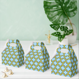 Blauw en geel trellis, rooster, quatrefoil bedankdoosjes