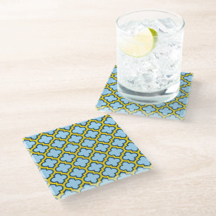 Blauw en geel trellis, rooster, quatrefoil glazen onderzetter