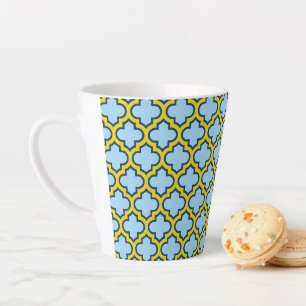 Blauw en geel trellis, rooster, quatrefoil latte mok