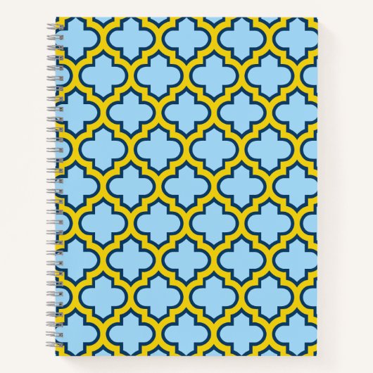 Blauw en geel trellis, rooster, quatrefoil notitieboek (Voorkant)