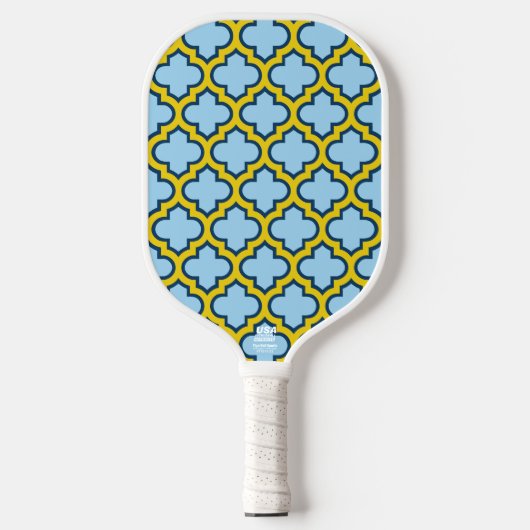Blauw en geel trellis, rooster, quatrefoil pickleball paddle (Voorkant)