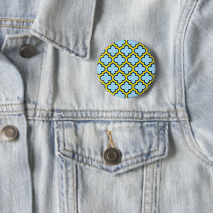 Blauw en geel trellis, rooster, quatrefoil ronde button 5,7 cm