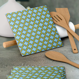 Blauw en geel trellis, rooster, quatrefoil tegeltje