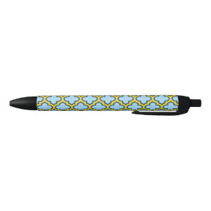 Blauw en geel trellis, rooster, quatrefoil zwarte inkt pen