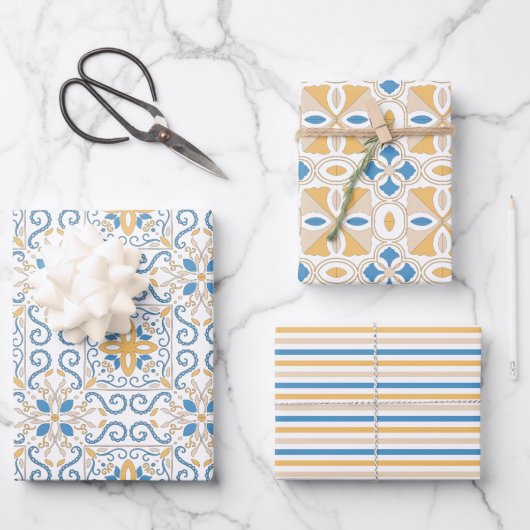 Blauw en geel Tuscan Damask Inpakpapier Vel (Voorkant)