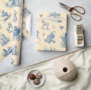 Blauw en geel vintage toile babymotief cadeaupapier