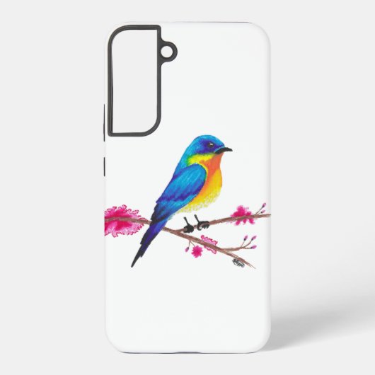 Blauw en Geel vogel met Roze Bloemen Tekening Samsung Galaxy Hoesje (Achterkant)