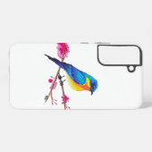 Blauw en Geel vogel met Roze Bloemen Tekening Samsung Galaxy Hoesje (Achterkant horizontaal)